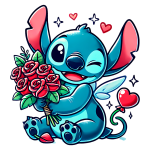 Personagem Stitch segurando um buquê de rosas vermelhas, sorrindo e piscando, cercado por corações e estrelas. Ideal para conteúdo sobre amizade e amor.