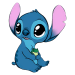 Stitch sentado, segurando um sapo. Ideal para ilustrações infantis e conteúdo relacionado a animação.