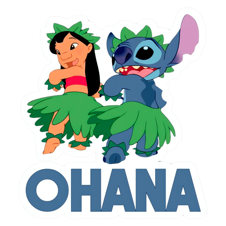 Imagem de Lilo e Stitch dançando, vestindo saias de grama, com a palavra "OHANA" em destaque abaixo. Representa a importância da família e amizade no filme da Disney.