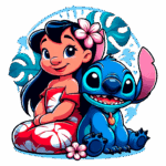 Imagem colorida de Lilo e Stitch, com Lilo usando um vestido havaiano e um flor na cabeça, sentada ao lado do Stitch, um experimento alienígena azul, ambos sorrindo. Fundo tropical com folhas verdes. Ideal para fãs da animação e cultura havaiana.