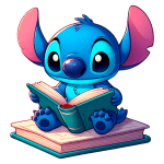 Personagem Stitch sentado sobre uma pilha de livros. O estilo é colorido e cartoon, com o foco na expressão curiosa e feliz do personagem.