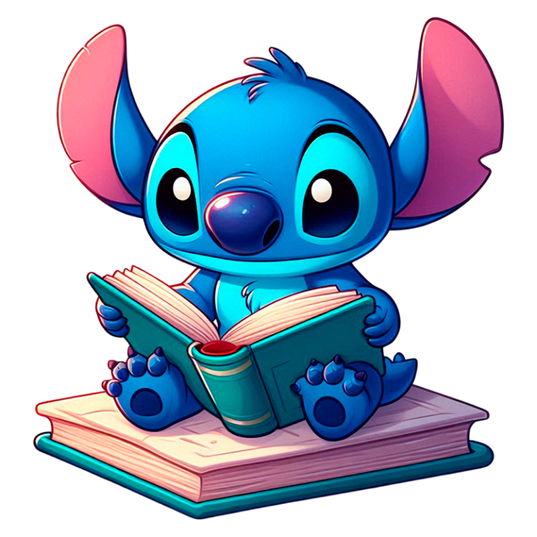 Personagem Stitch sentado sobre uma pilha de livros. O estilo é colorido e cartoon, com o foco na expressão curiosa e feliz do personagem.