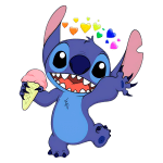 Personagem Stitch segurando um sorvete, sorrindo e acenando, com corações coloridos flutuando ao redor dele. Ideal para ilustrar temas de diversão e amizade.