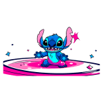 Personagem de desenho animado Stitch, com pele azul e olhos grandes, em uma pose divertida sobre um fundo colorido em tons de rosa e roxo, com estrelas e efeitos brilhantes ao redor.