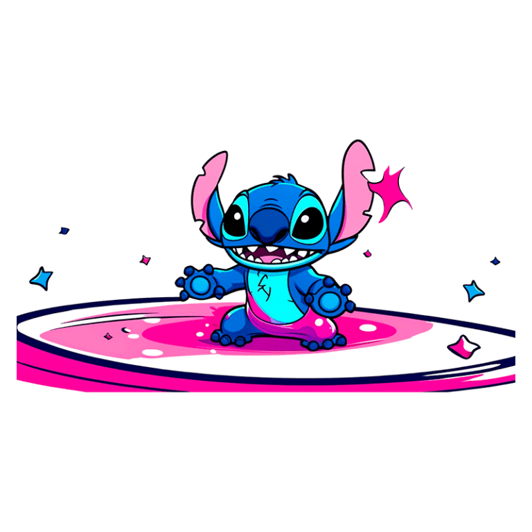 Personagem de desenho animado Stitch, com pele azul e olhos grandes, em uma pose divertida sobre um fundo colorido em tons de rosa e roxo, com estrelas e efeitos brilhantes ao redor.