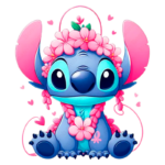 Personagem Stitch de Lilo & Stitch, com orelhas grandes e expressão amigável, adornado com um colar de flores rosas e folhas verdes, em um fundo colorido com corações. Ideal para temas de amizade e caridade.
