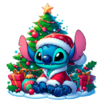 Pato Stitch vestido como Papai Noel, sentado em frente a uma árvore de Natal decorada com luzes e enfeites, cercado por presentes coloridos em um ambiente festivo.