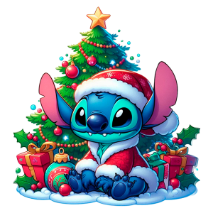 Pato Stitch vestido como Papai Noel, sentado em frente a uma árvore de Natal decorada com luzes e enfeites, cercado por presentes coloridos em um ambiente festivo.