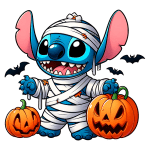 Imagem de Stitch, o personagem icônico da Disney, vestido como múmia para o Halloween, cercado por abóboras decoradas e morcegos no fundo.