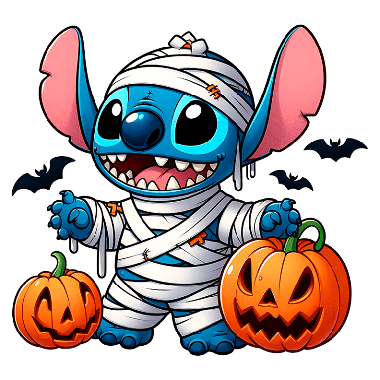 Imagem de Stitch, o personagem icônico da Disney, vestido como múmia para o Halloween, cercado por abóboras decoradas e morcegos no fundo.