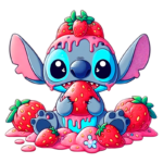 Stitchl sentado em um fundo colorido, segurando um morango coberto com calda de morango. Ao seu redor, há um monte de morangos e calda, criando uma cena divertida e vibrante. Ideal para temas relacionados a frutas e ilustrações animadas.