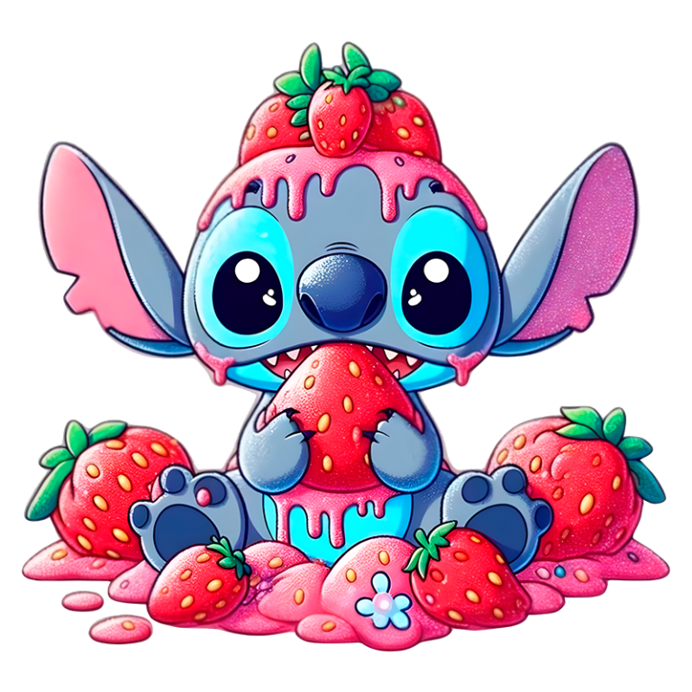 Stitchl sentado em um fundo colorido, segurando um morango coberto com calda de morango. Ao seu redor, há um monte de morangos e calda, criando uma cena divertida e vibrante. Ideal para temas relacionados a frutas e ilustrações animadas.