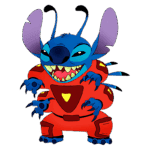 Personagem Stitch, do filme Lilo & Stitch, vestido com um traje vermelho e apresentando um sorriso travesso, está posando em uma posição divertida com garras e antenas. Ideal para conteúdos sobre animação e cultura pop.