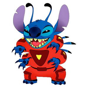 Personagem Stitch, do filme Lilo & Stitch, vestido com um traje vermelho e apresentando um sorriso travesso, está posando em uma posição divertida com garras e antenas. Ideal para conteúdos sobre animação e cultura pop.