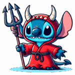 Stitch vestido com um manto vermelho e segurando um tridente. Ele possui chifres na cabeça e uma expressão divertida, incorporando uma estética travessa e lúdica. Ideal para ilustrações de fantasia e cultura pop.