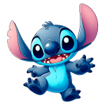 Personagem animado Stitch, do filme da Disney, sorridente e animado, com pele azul e grandes orelhas, em fundo verde. Ideal para fãs de desenhos animados e cultura pop.