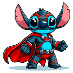 Stitch vestido como super-herói. Ele usa uma capa vermelha e um traje vermelho e azul, com acessórios metálicos, em uma pose decidida e heróica, sobre fundo verde.