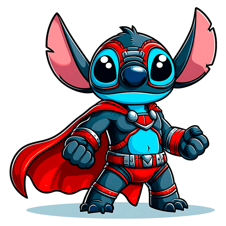 Stitch vestido como super-herói. Ele usa uma capa vermelha e um traje vermelho e azul, com acessórios metálicos, em uma pose decidida e heróica, sobre fundo verde.
