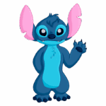 Personagem Stitch azul com orelhas grandes e rosa, de aparência amigável, acenando com uma das mãos. Ideal para temas relacionados a animação e cultura pop.