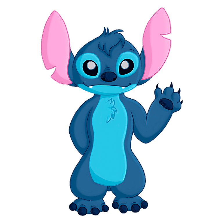 Personagem Stitch azul com orelhas grandes e rosa, de aparência amigável, acenando com uma das mãos. Ideal para temas relacionados a animação e cultura pop.