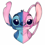 Ilustração colorida de Stitch, personagem famoso da Disney, com tons de azul e rosa, com um fundo verde e uma expressão sorridente. Ideal para fãs de animação e cultura pop.