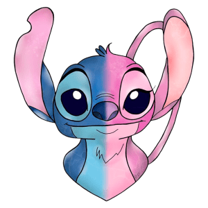 Ilustração colorida de Stitch, personagem famoso da Disney, com tons de azul e rosa, com um fundo verde e uma expressão sorridente. Ideal para fãs de animação e cultura pop.