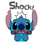 Ilustração de Stitch, personagem famoso da Disney, com expressão de surpresa e choque, exibindo grandes olhos e orelhas longas, acompanhado da palavra "Shock!" em destaque. Ideal para conteúdos relacionados a animações e cultura pop.