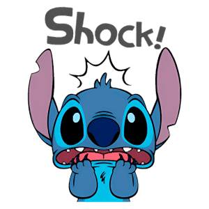 Ilustração de Stitch, personagem famoso da Disney, com expressão de surpresa e choque, exibindo grandes olhos e orelhas longas, acompanhado da palavra "Shock!" em destaque. Ideal para conteúdos relacionados a animações e cultura pop.