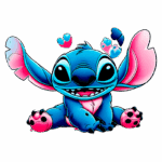Pinguim Stitch com grandes olhos expressivos e orelhas largas, cercado por corações coloridos. Personagem icônico e adorável de animação, ideal para fãs de desenhos animados e cultura pop.
