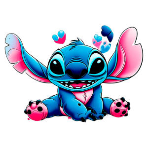 Pinguim Stitch com grandes olhos expressivos e orelhas largas, cercado por corações coloridos. Personagem icônico e adorável de animação, ideal para fãs de desenhos animados e cultura pop.