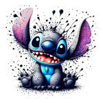 Personagem de desenho animado Stitch, com pele cinza, olhos grandes e sorriso expressivo, sentado e acenando, com detalhes coloridos nas orelhas e fundo exuberante. Ideal para fãs de animações e cultura pop.