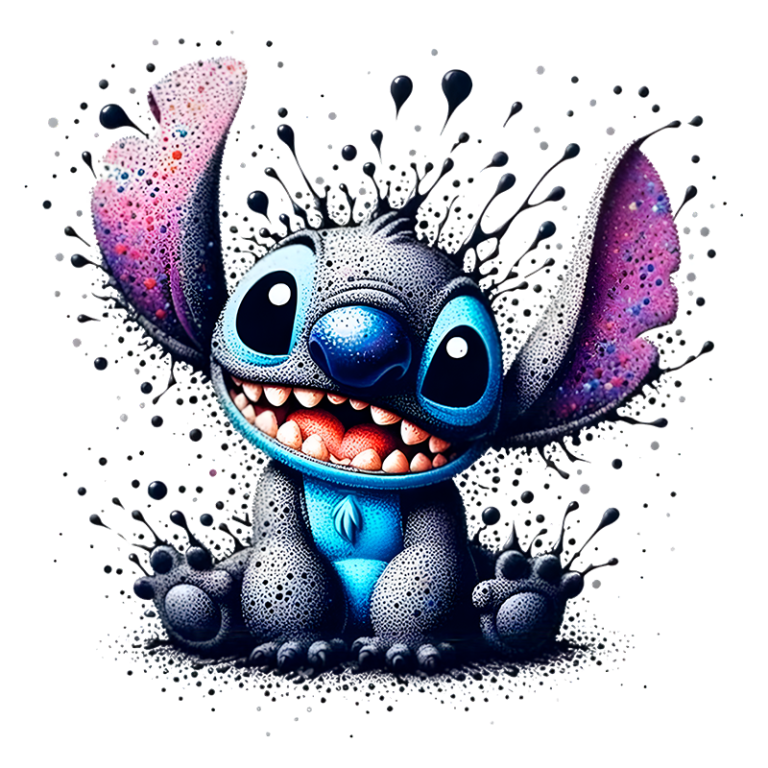 Personagem de desenho animado Stitch, com pele cinza, olhos grandes e sorriso expressivo, sentado e acenando, com detalhes coloridos nas orelhas e fundo exuberante. Ideal para fãs de animações e cultura pop.