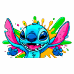 Personagem Stitch, do filme Lilo & Stitch, com um fundo colorido de tinta salpicada, mostrando uma expressão alegre e braços abertos.