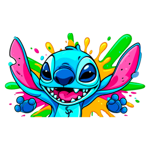 Personagem Stitch, do filme Lilo & Stitch, com um fundo colorido de tinta salpicada, mostrando uma expressão alegre e braços abertos.