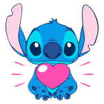 Personagem Stitch da Disney segurando um coração rosa com um sorriso, em um fundo verde, representando amor e amizade.
