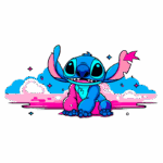 Personagem animado Stitch sentado em meio a nuvens coloridas, com a pele em tons de azul e detalhes em rosa. O personagem exibe uma expressão alegre e braços estendidos, transmitindo uma sensação de diversão e despreocupação. Ideal para temas de animação e cultura pop.