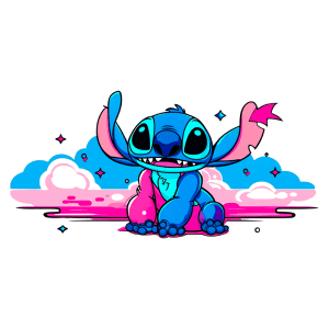 Personagem animado Stitch sentado em meio a nuvens coloridas, com a pele em tons de azul e detalhes em rosa. O personagem exibe uma expressão alegre e braços estendidos, transmitindo uma sensação de diversão e despreocupação. Ideal para temas de animação e cultura pop.