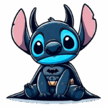 Stitch sentado e vestindo uma fantasia do Batman, apresentando grandes olhos expressivos e orelhas longas. Fundo verde.