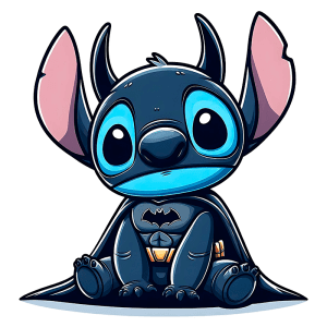 Stitch sentado e vestindo uma fantasia do Batman, apresentando grandes olhos expressivos e orelhas longas. Fundo verde.