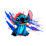Ilustração do Stitch, personagem de desenho animado, com pele azul, grandes orelhas cor-de-rosa e um sorriso expressivo, em meio a salpicos de tinta colorida.