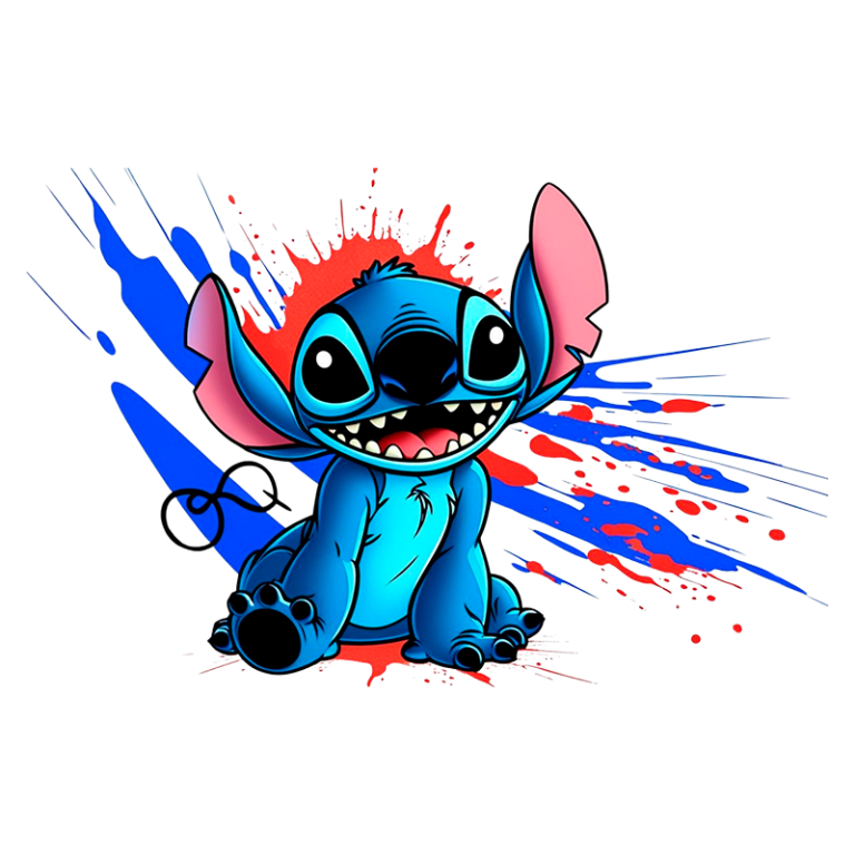 Ilustração do Stitch, personagem de desenho animado, com pele azul, grandes orelhas cor-de-rosa e um sorriso expressivo, em meio a salpicos de tinta colorida.