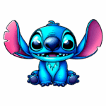 Stitch sentado e sorrindo, em fundo verde. Ideal para fãs de desenhos e cultura pop.