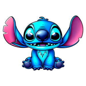Stitch sentado e sorrindo, em fundo verde. Ideal para fãs de desenhos e cultura pop.