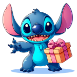 Stitch segurando um presente colorido com um laço rosa, sorrindo de forma divertida. Ideal para temas de festa e celebrações.