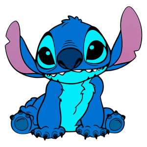 Imagem do personagem Stitch, de Lilo & Stitch, com corpo azul e detalhes em azul claro, sentado com uma expressão curiosa e orelhas grandes. Ideal para fãs de animação e cultura pop.