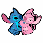 Ilustração de Stitch e Angel, personagens da Disney, sorrindo e se abraçando. Stitch é azul com um design fofo, enquanto Angel é rosa, com traços amigáveis. Ambos transmitem uma sensação de amizade e alegria, ideal para fãs de animações e cultura pop.