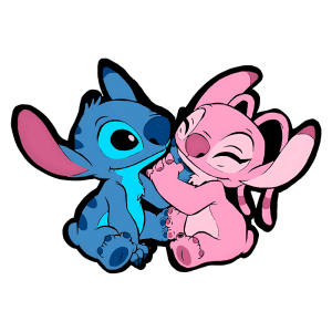 Ilustração de Stitch e Angel, personagens da Disney, sorrindo e se abraçando. Stitch é azul com um design fofo, enquanto Angel é rosa, com traços amigáveis. Ambos transmitem uma sensação de amizade e alegria, ideal para fãs de animações e cultura pop.