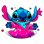 Desenho animado do personagem Stitch, da franquia Lilo & Stitch, com pele azul e detalhes em rosa, usando um roupão pink e sorrindo, rodeado por estrelas e elementos coloridos.