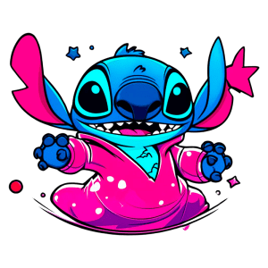 Desenho animado do personagem Stitch, da franquia Lilo & Stitch, com pele azul e detalhes em rosa, usando um roupão pink e sorrindo, rodeado por estrelas e elementos coloridos.