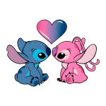 Angel e Stitch se olhando com um coração acima deles. Ideal para amantes de animações e cultura pop.